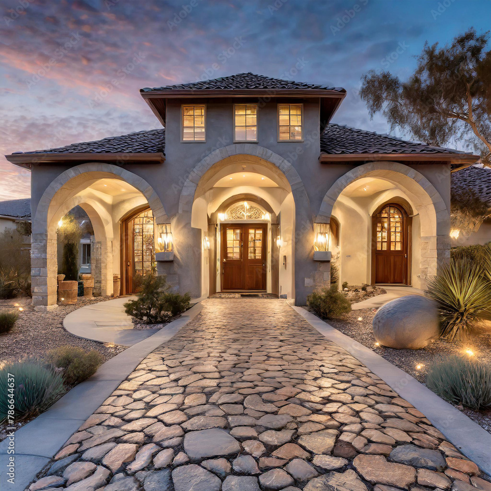 The driveway of an elegant home in the desert, with lights on and large landscaping around it It has arched doorways leading to its wide cobblestone driveway