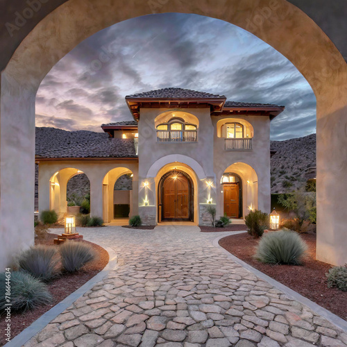 The driveway of an elegant home in the desert  with lights on and large landscaping around it It has arched doorways leading to its wide cobblestone driveway