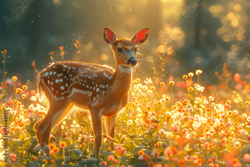 A gentle deer grazing in a sunlit meadow, surrounded by a carpet of colorful wildflowers and chirping songbirds, basking in the tranquility of nature's embrace. Generative Ai.