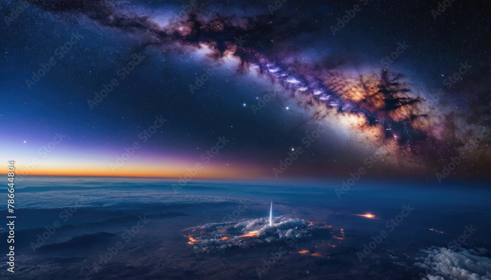 Rocket spaceship shuttle launch with bright space nebula sky with bright rocket trail of fire and smoke Rocket spaceship shuttle launch with bright space nebula sky with bright rocket trail of fire and smoke