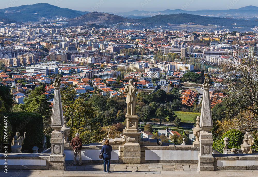 Braga city seen from terraces of Sanctuary of Bom Jesus do Monte in Tenoes, Portugal