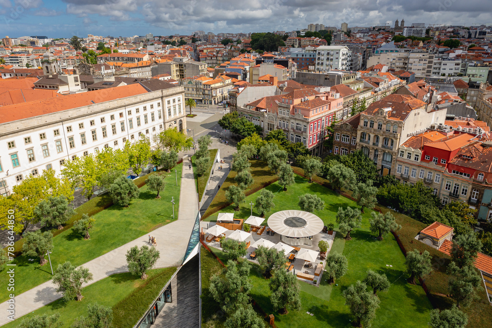 View from tower of Clerigos Church in Porto, Portugal with Museum of Natural History and Science of University of Porto and Jardim das Oliveiras
