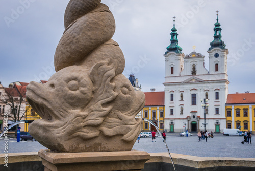 Fountain and Church of St Francis Xavier in Uherske Hradiste city, Czech Republic