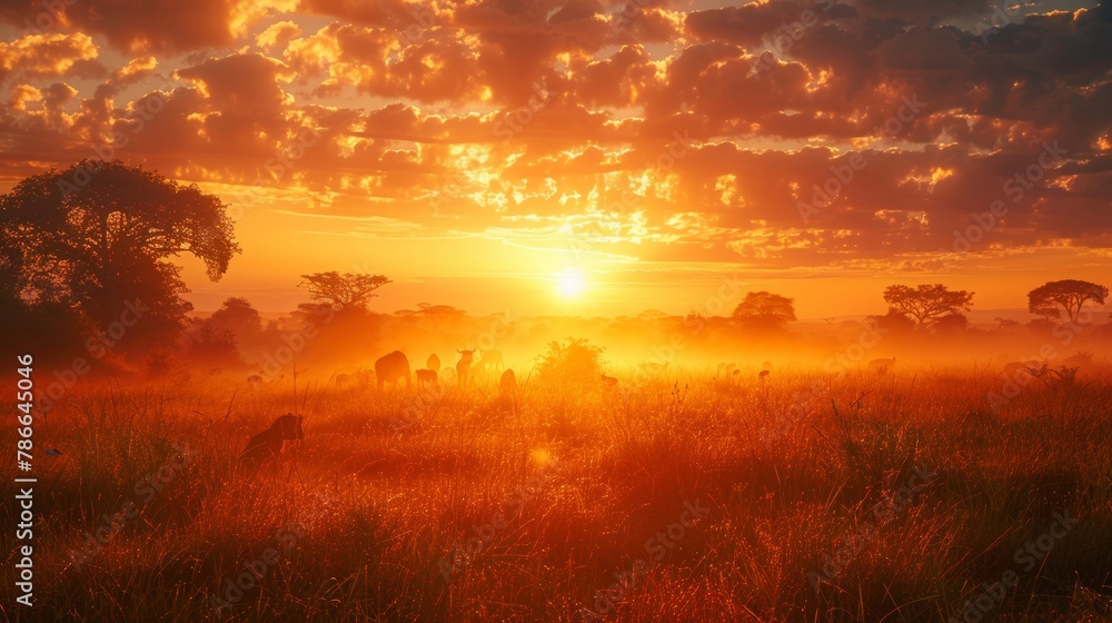 Glorious sunrise over an African savanna with wildlife in silhouette