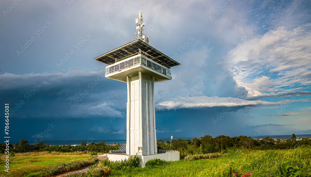 Tsunami alert horns mounted on a sleek modern tower, utilizing solar energy for efficient disaster communication, set against a backdrop of an impending storm