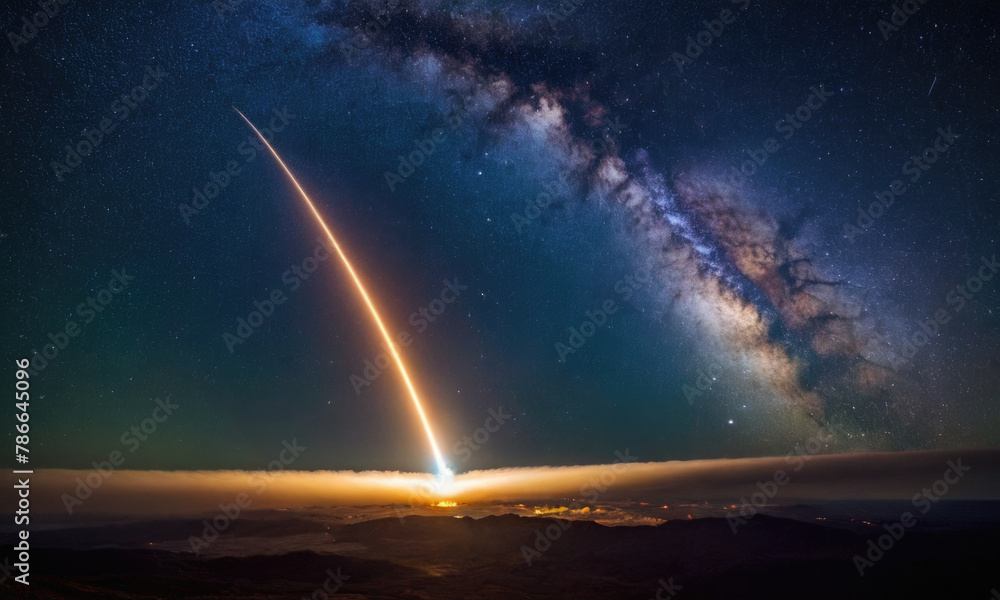 Rocket spaceship shuttle launch with bright space nebula sky with bright rocket trail of fire and smoke