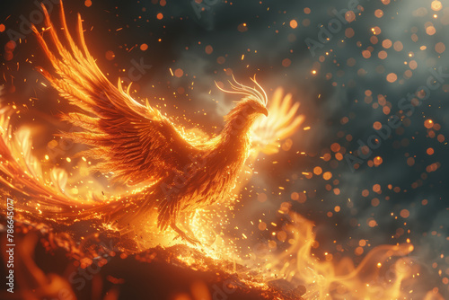 A phoenix rising from the ashes, embodying resilience and renewal as it emerges stronger and more vibrant after facing destruction. Concept of resilience and regeneration. Generative Ai.