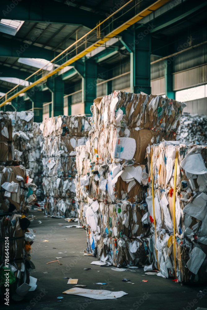Recycling facility with bales of compressed waste Generative AI image
