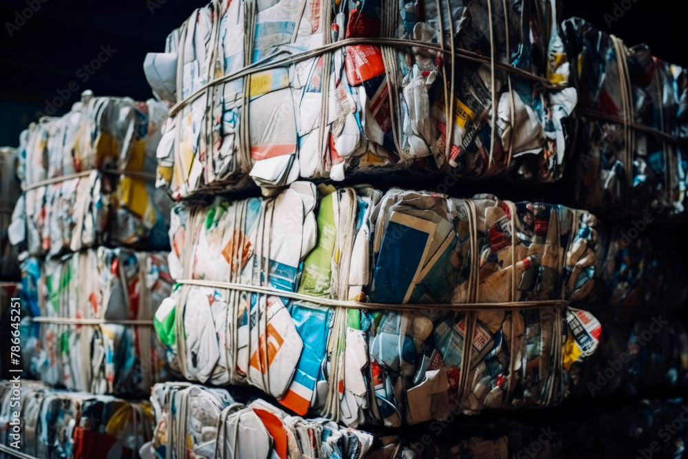 Bales of recyclable paper materials at a facility Generative AI image