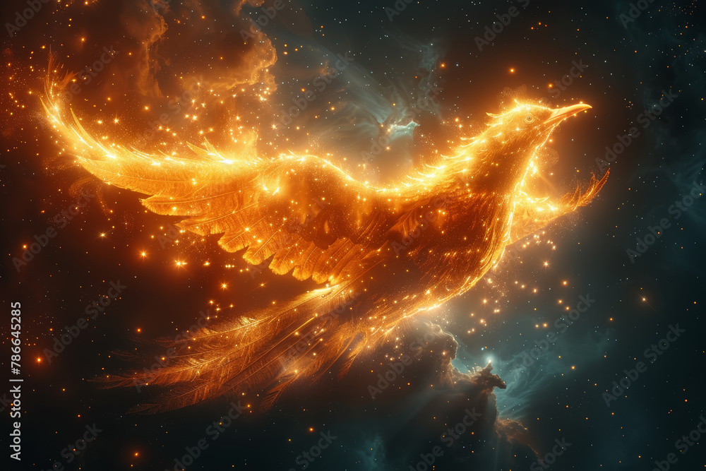 Naklejka premium A phoenix-shaped constellation shining brightly in the night sky, inspiring awe and wonder as it tells the story of rebirth and transformation. Generative Ai.