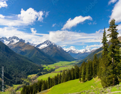 verdant valley brims with towering trees and snow-capped mountains far off Scattered clouds dapple the azure sky overhead