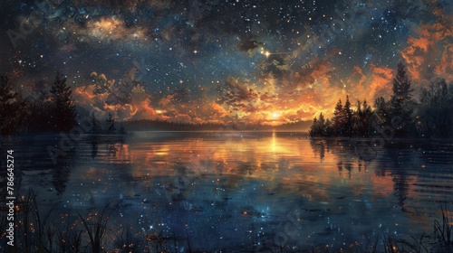 Stunning starlit night sky beautifully mirrored in tranquil lake waters
