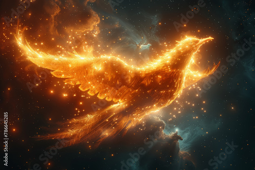 A phoenix-shaped constellation shining brightly in the night sky, inspiring awe and wonder as it tells the story of rebirth and transformation.  Generative Ai.