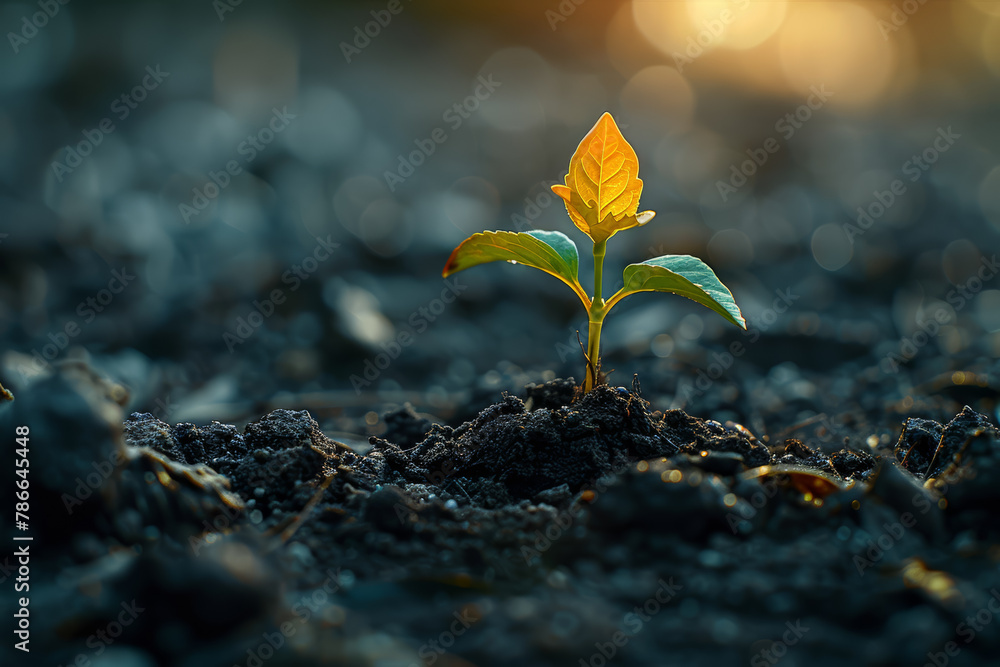 Naklejka premium A seedling pushing through the soil towards the sunlight, representing growth and resilience in the face of adversity. Concept of growth and perseverance. Generative Ai.