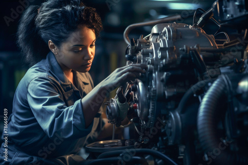 Female mechanic working on engine in a workshop Generative AI image © ADDICTIVE STOCK CORE
