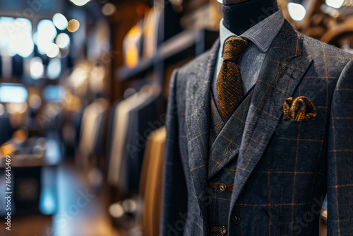 Generative AI illustration of close up of an elegant men tailored suit with a checkered pattern displayed on a mannequin in a luxury clothing store
