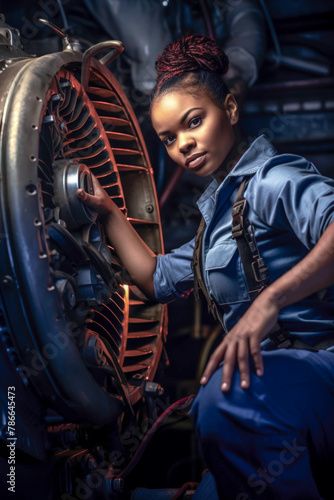 Confident female mechanic working on an airplane engine Generative AI image