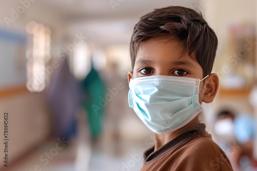 Indian boy wearing a medical mask, looking at the camera in a hospital corridor with blurred doctors in the background. Close up portrait of a child patient with a face covering for protection