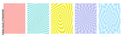 Groovy hippie 70s backgrounds set. Checkerboard, chessboard, mesh, waves, swirl, twirl pattern. Twisted and distorted vector texture in trendy retro psychedelic style.