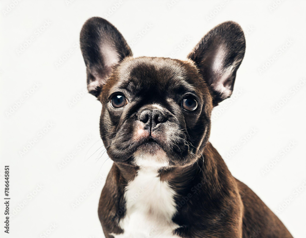 young french bulldog sitting on a white background.