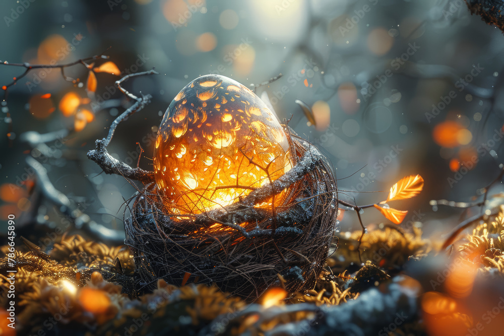 A phoenix egg nestled in a nest of twigs and feathers, waiting to hatch and unleash the power of rebirth and renewal. Concept of potential and transformation. Generative Ai. - obrazy, fototapety, plakaty 