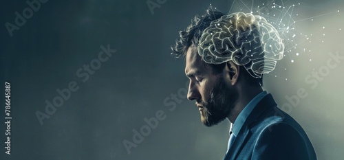 Businessman with a hologram of a brain floating above his head, concept of artificial intelligence, technology
