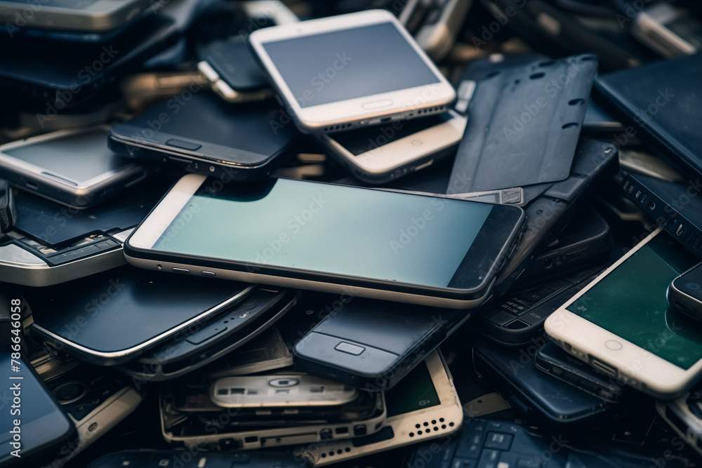 Generative AI illustration of pile of assorted old smartphones and mobile devices heaped together highlighting the need for electronic waste recycling Generative AI illustration of pile of assorted old smartphones and mobile devices heaped together highlighting the need for electronic waste recycling