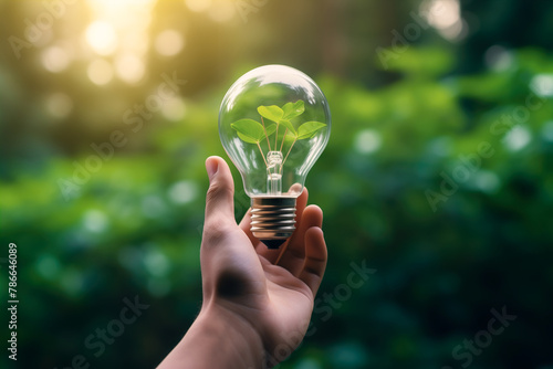 Generative AI illustration of anonymous hand holds a clear light bulb with a small green plant inside symbolizing innovative green energy solutions