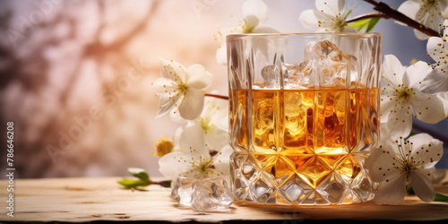 A wide glass of whiskey or scotch stands on a table in the spring garden. Blooming fruit trees on the background.