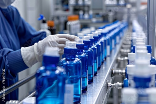 Photo of a closeup shot showing the hands and gloves of an urban laboratory worker working with blue bottles  creating cosmetics in the style of a modern laboratory worker in front of machines