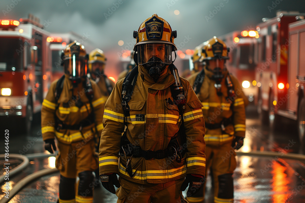 Generative AI illustration of confident firefighter in full gear with SCBA mask leading a team against a backdrop of active fire trucks and smoke - obrazy, fototapety, plakaty 