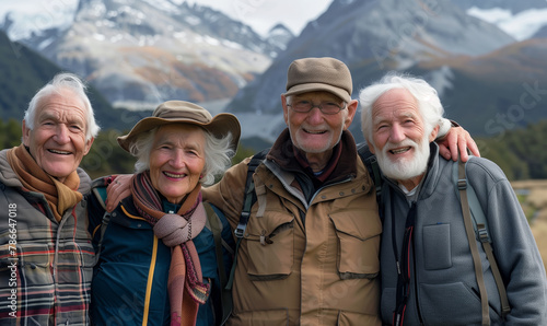 Group of retired, positive old people posing on the background of mountains on a trip