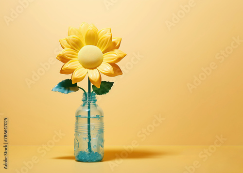 Upcycled plastic bottle with crafted sunflower on yellow background. Generative AI image photo