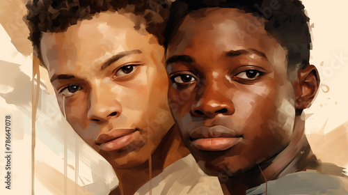 Generative AI illustration of digital painting of two young African American men with a soft, warm palette and a sense of camaraderie