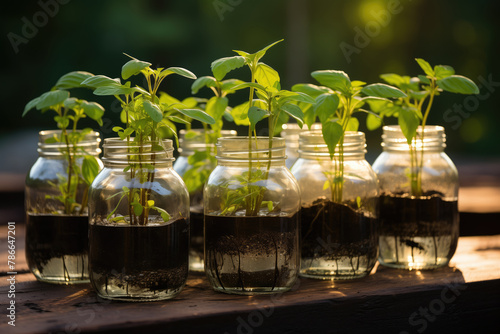 Upcycled jar garden showcasing sustainable growth. Generative AI image
