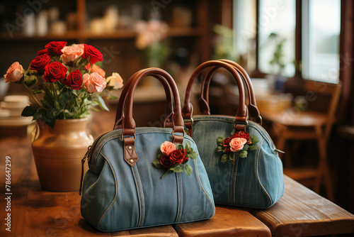 Upcycled denim handbags with floral decoration. Generative AI image