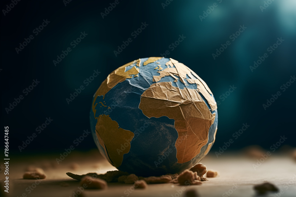 Handcrafted globe from recycled paper on dark background. Generative AI image Handcrafted globe from recycled paper on dark background. Generative AI image