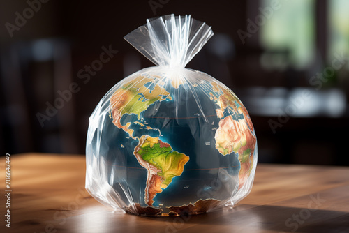 AI generative images Earth globe in transparent plastic bag put on the office table © ADDICTIVE STOCK CORE