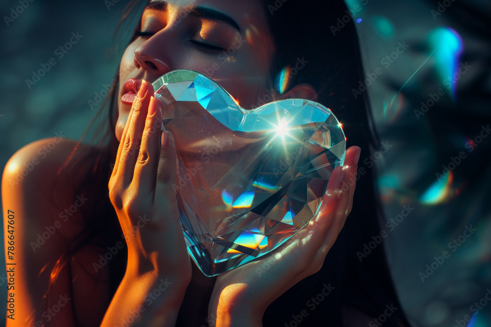 Obraz premium AI Generated Image Beautiful woman holding shining glass heart shape Women’s Day concept