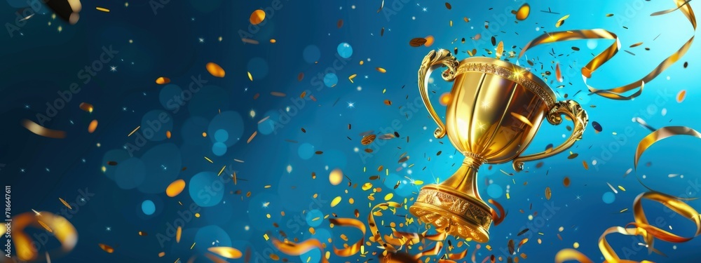 Golden trophy with streamers, concept of business, competition, achievement, blue background.