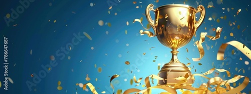 Golden trophy with streamers, concept of business, competition, achievement, blue background.