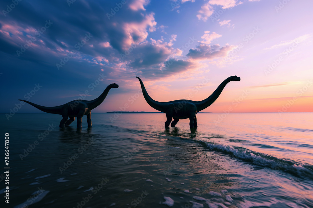 Fototapeta premium AI Generated Image. Two Sauropods standing in the calm sea