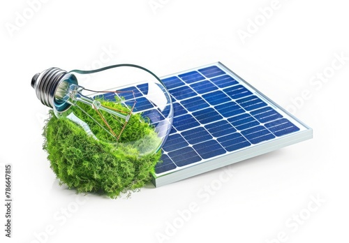 Light bulb with solar panel and green grass, concept of renewable energy, green energy, solar energy.