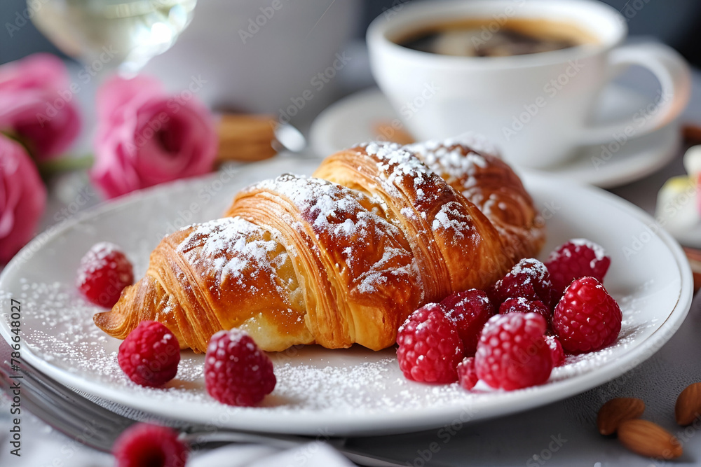 Fresh Croissant with Raspberries, Culinary Delight and Gourmet Breakfast Style, French Cuisine Concept, perfect for food magazines and culinary blogs. Fresh Croissant with Raspberries, Culinary Delight and Gourmet Breakfast Style, French Cuisine Concept, perfect for food magazines and culinary blogs.