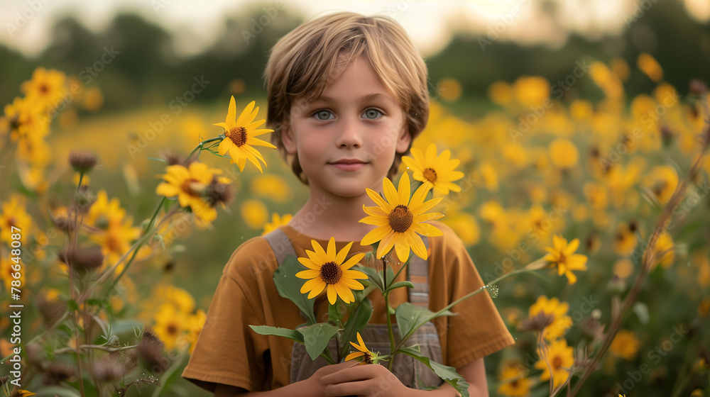 Niño en un campo de flores amarillas sujetando un ramo de flores Niño en un campo de flores amarillas sujetando un ramo de flores