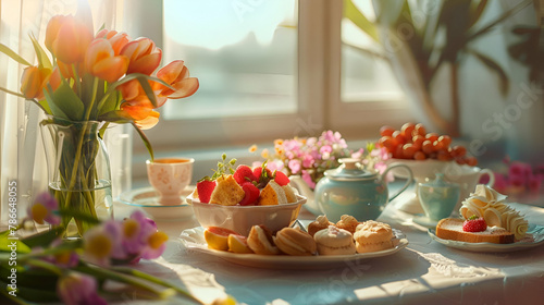 Sunny Table with a Tea Setting and Spring Flowers  Home Comfort and Freshness Style  Cozy Morning Concept  ideal for lifestyle and home decor publications