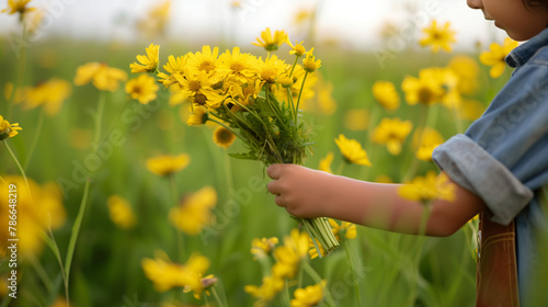 Imagen de cerca de la mano de un niño cogiendo flores amarillas en el campo