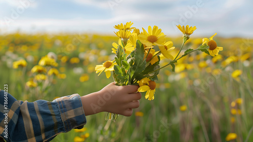 Imagen de cerca de la mano de un niño cogiendo flores amarillas en el campo