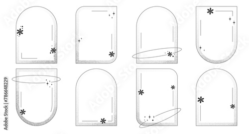 Set of minimalist aesthetic frames with stars, abstract elements. Arches in retro Y2k style with grain texture.