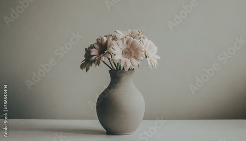 Vaso grigio di fiori su sfondo neutro orizzontale generato con ai photo